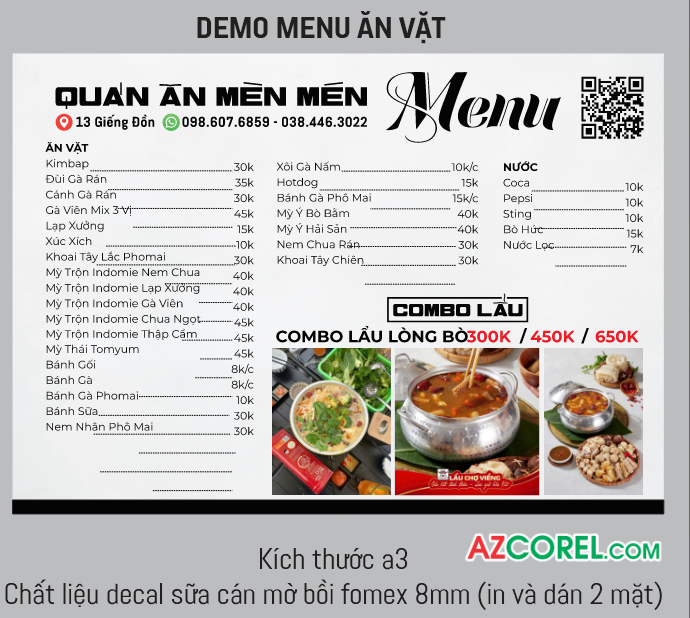 Menu ăn vặt quán ăn Mèn Mén file corel
