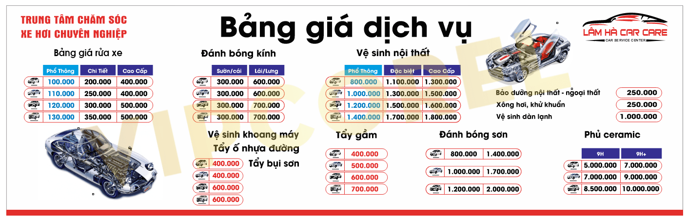 Mẫu bảng giá dịch vụ trung tâm chăm sóc xe hơi