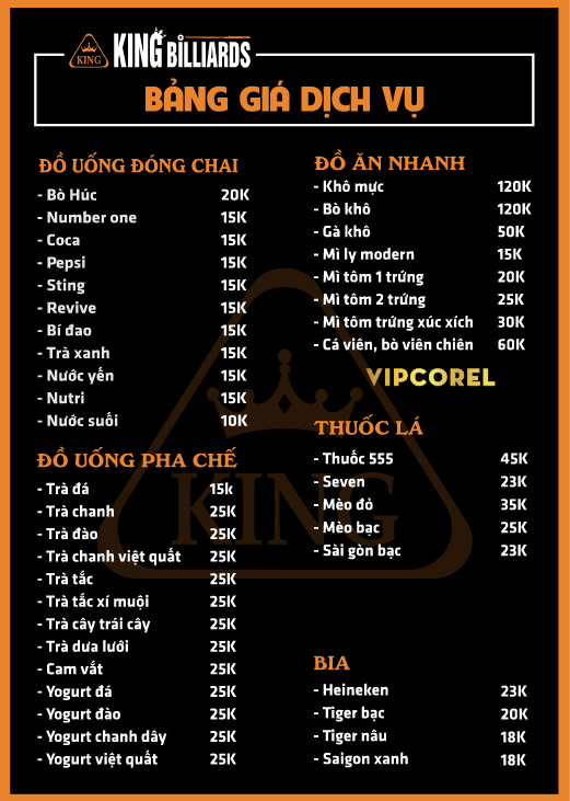 Menu Bảng giá dịch vụ King Billiards file corel