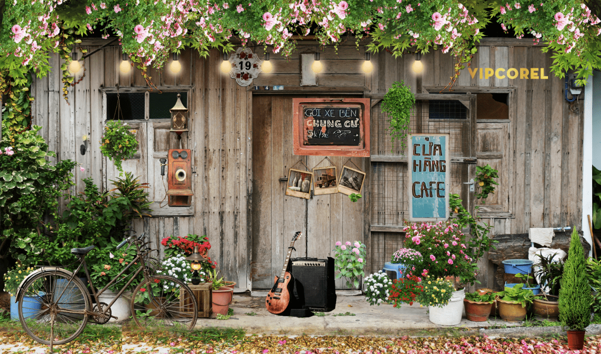 Tranh cửa hàng cafe - xe đạp - đàn ghi ta file corel