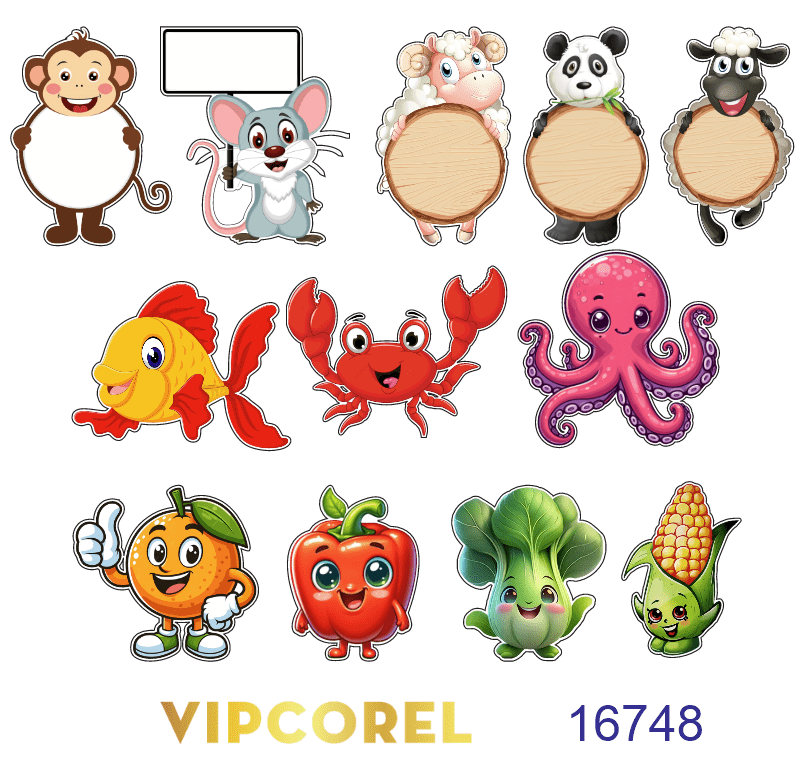 Bảng tên hoạt hình các con vật và rau củ vector