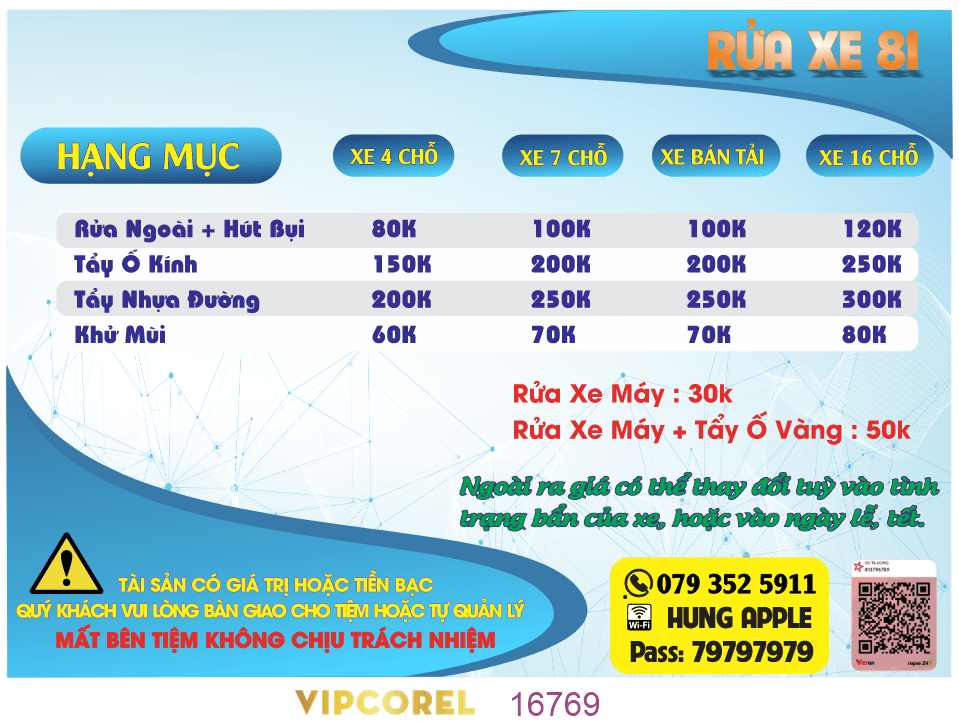 Bảng giá rửa xe 81 các hạng mục file corel
