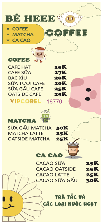 Standee bảng giá coffee bé Heo pink file corel