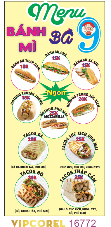 Mẫu vector Standee menu Bánh Mì Bà 9 file corel