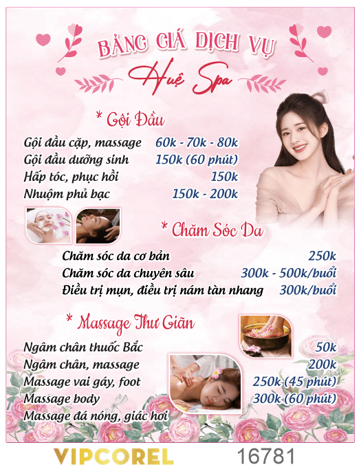 Mẫu thiết kế bảng giá dịch vụ Huệ Spa file corel