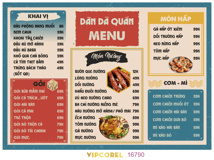 Mẫu menu đồ ăn quán dân dã file corel