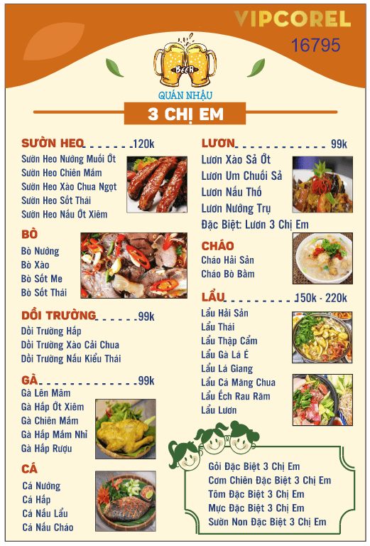 Mẫu Menu Quán nhậu 3 chị em file corel | VIPcorel.com - Thư viện mẫu ...