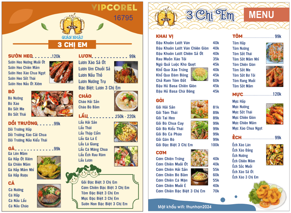 Mẫu Menu Quán nhậu 3 chị em file corel