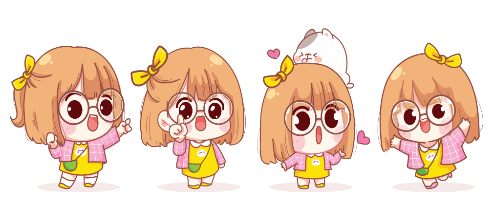Vector chibi bé gái tóc dài đeo kính có nơ