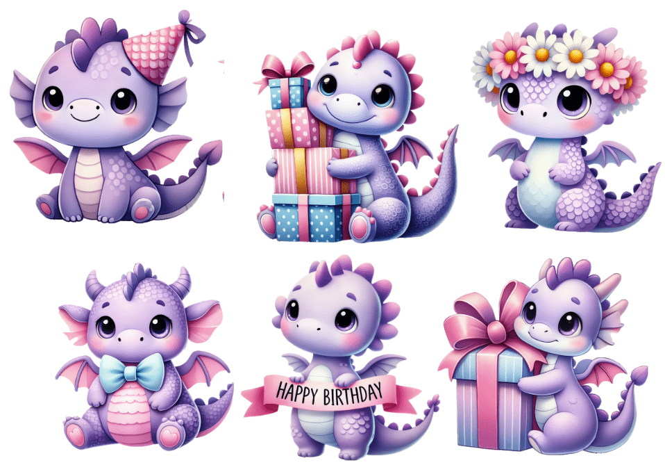 Happy birthday chibi khủng Long màu tím file corel