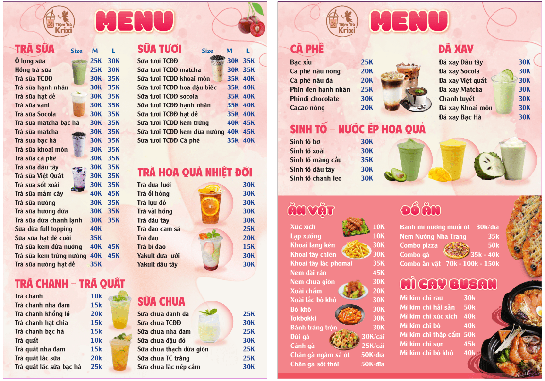 Mẫu menu tiệm trà sữa Krixi tone màu Hồng