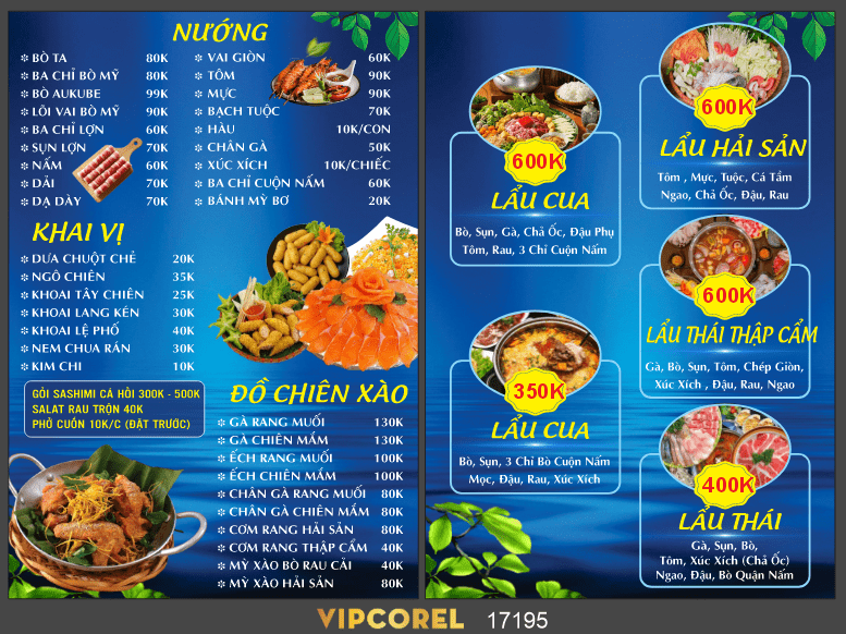 Mẫu menu Hải sản - đồ nướng màu xanh file corel