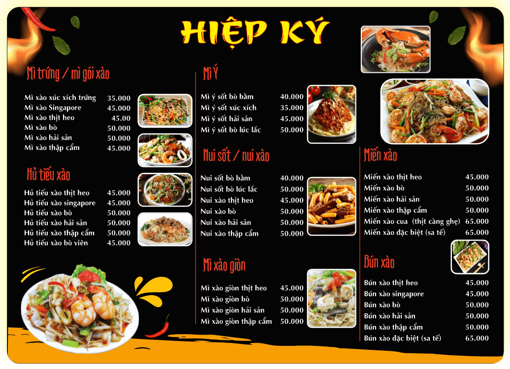Menu mì xào - bún miến phở Hiệp Ký file corel