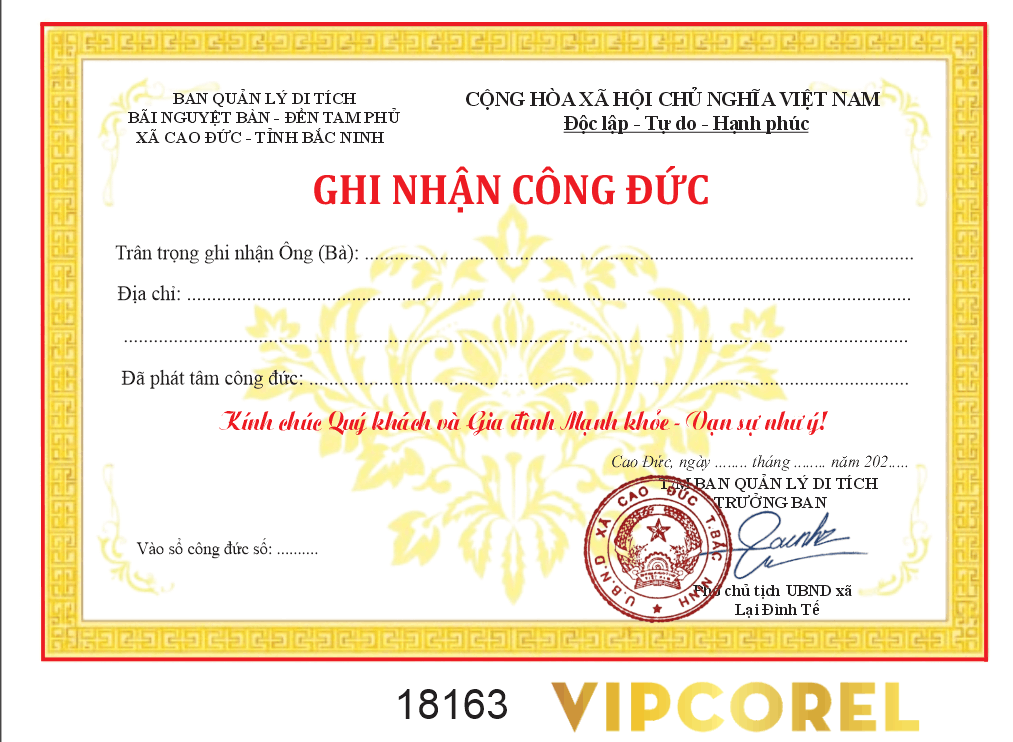 Mẫu ghi nhận công đức đền Tam Phủ file corel x7