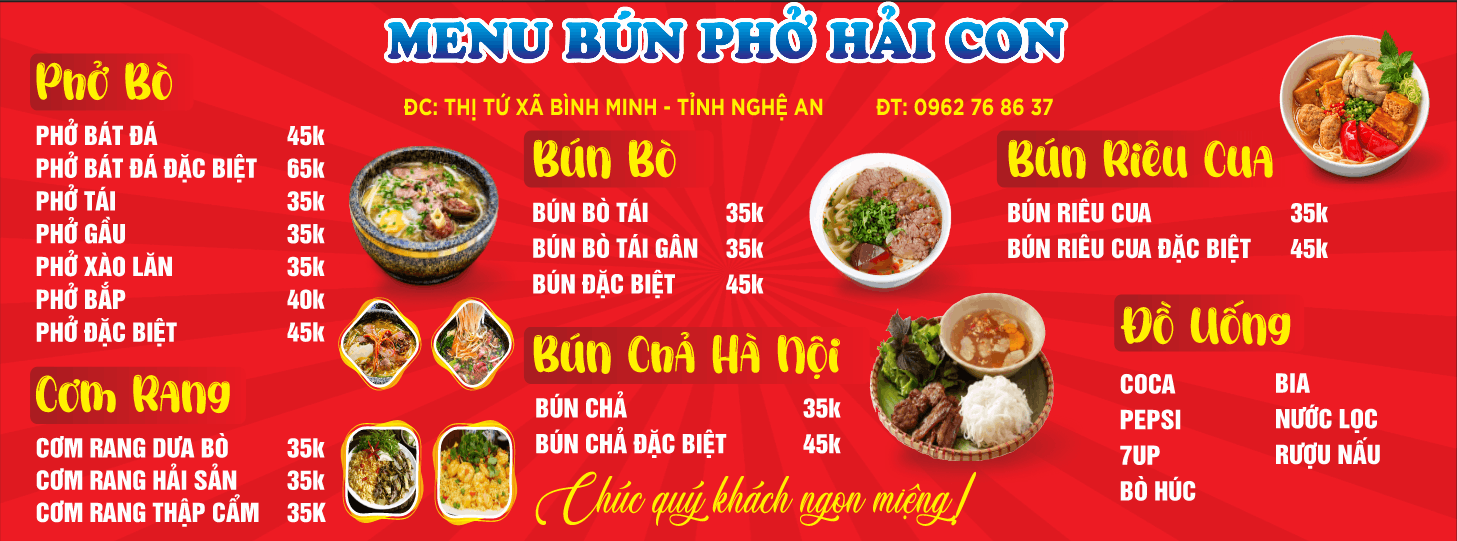 Bảng biển menu bún phở Hải Con file vector