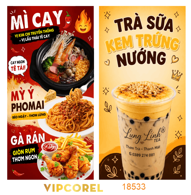 Mẫu standee mì cay trà sữa kem trứng nướng file cdr