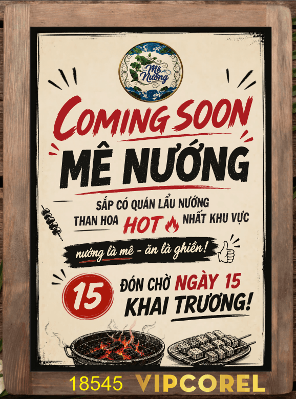 Biển Coming soon mê nướng - lẩu hot file corel