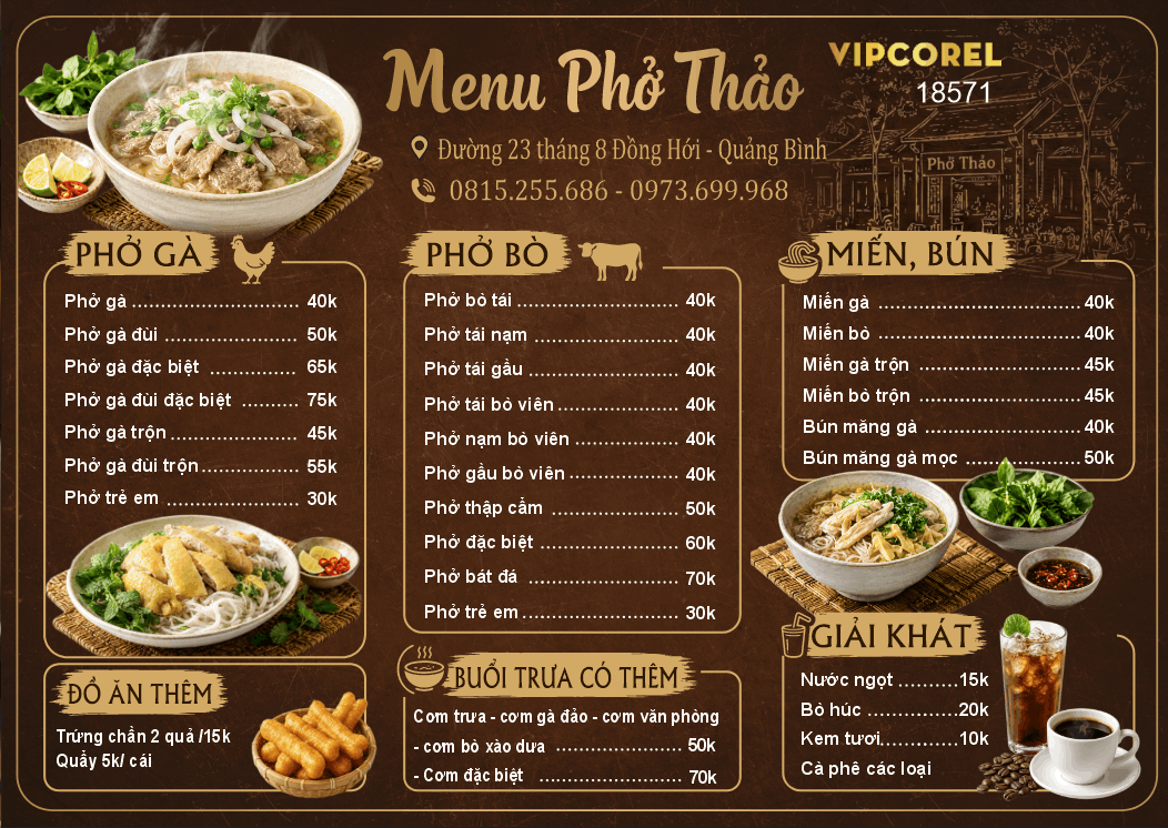 Mẫu thiết kế menu Phở Thảo Quảng Bình file cdr