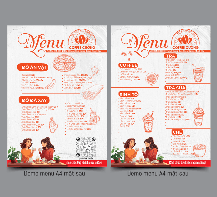 Menu quán cà phê coffee and drinks Cường