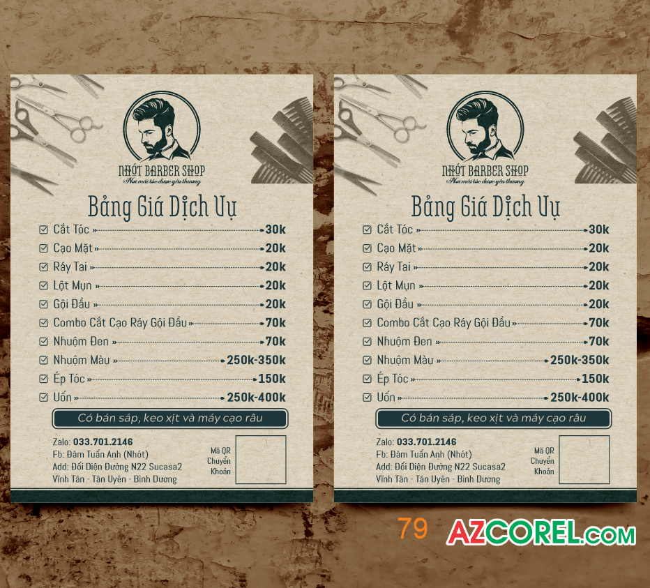 File bảng giá dịch vụ cắt tóc nam Barber Shop cdr