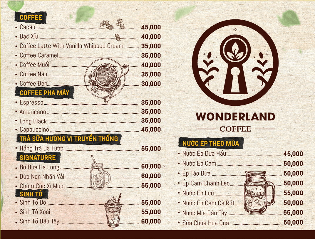 Menu quán WonderLand Coffee file cdr x7