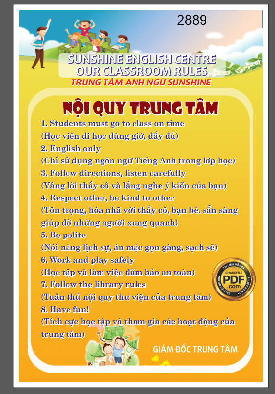 bảng nội quy trung tâm anh ngữ Sunshine
