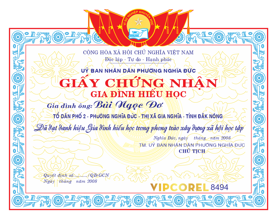 Giấy chứng nhận gia đình hiếu học file corel