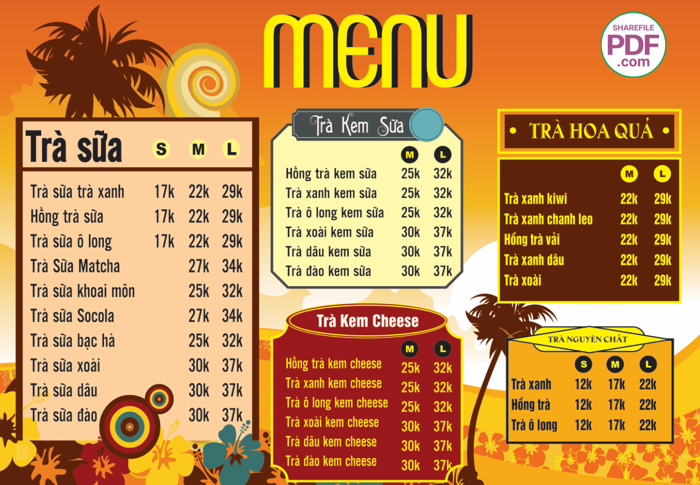 Menu Trà hoa quả - Trà kem Cheese file PDF & CDR
