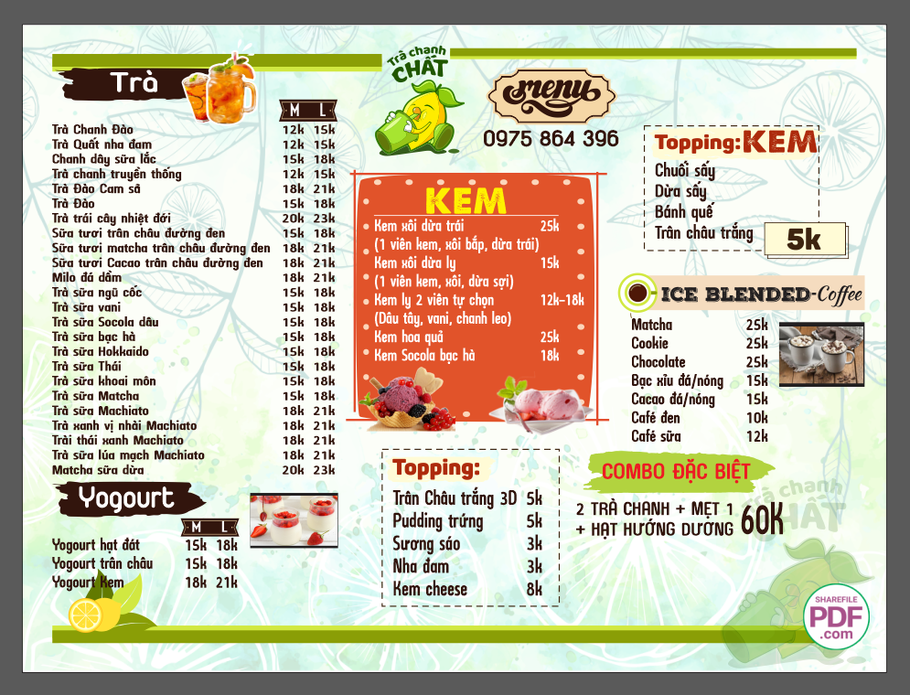 Menu Trà chanh chất - yogourt - kem file vector PDF & CDR