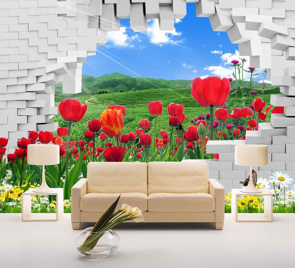 VIPcorel.com_tranh tuong gach 3d va vuon hoa tulip.jpg