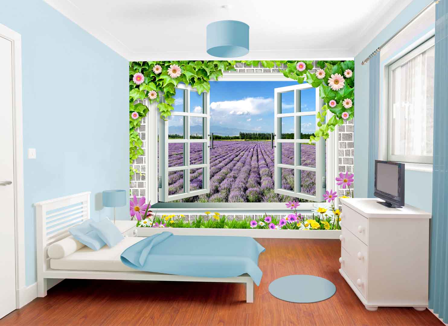 VIPcorel.com_tranh vach tuong khung cua so nhin ra vuon hoa lavender hoa oai huong.jpg