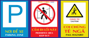 Biển nơi để xe - cấm đi lối này - coi chừng té ngã
