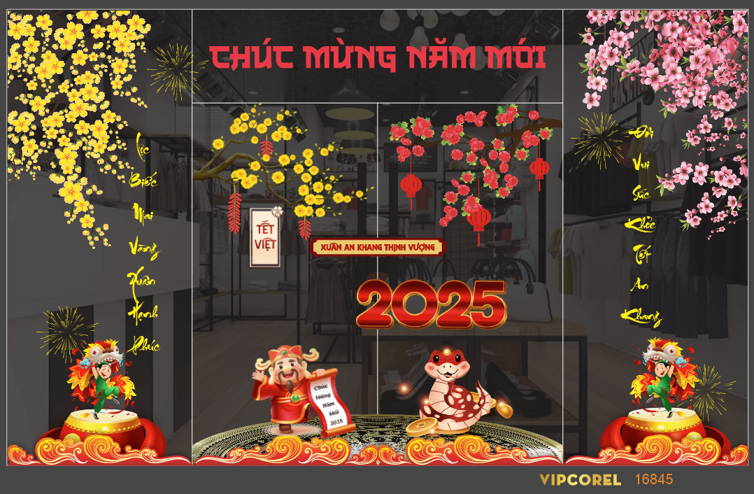 Trang trí cửa kính Chúc mừng năm mới 2025 file corel