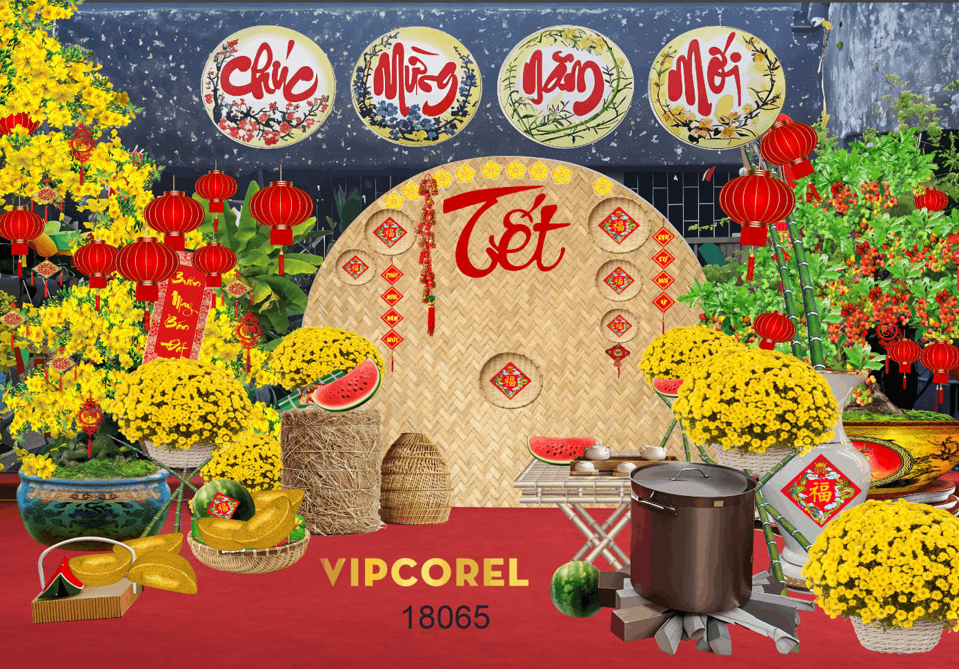 Tiểu cảnh trang trí tết 2026 file corel mẫu mới
