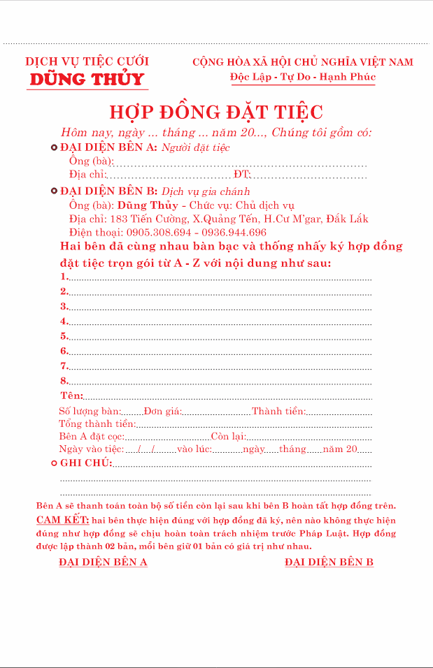 Mẫu Hợp đồng đặt tiệc cưới Dũng Thủy file corel