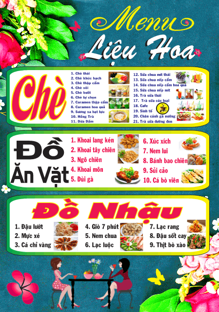 Mẫu menu Liệu Hoa chè và đồ ăn vặt file cdr