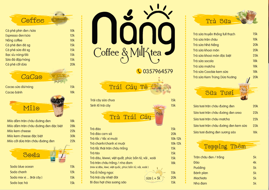 Mẫu menu Nắng Coffee & Milk tea file corel x7