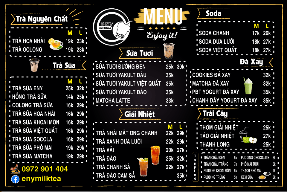 Mẫu menu Eny Milk Tea trà sữa file corel x7