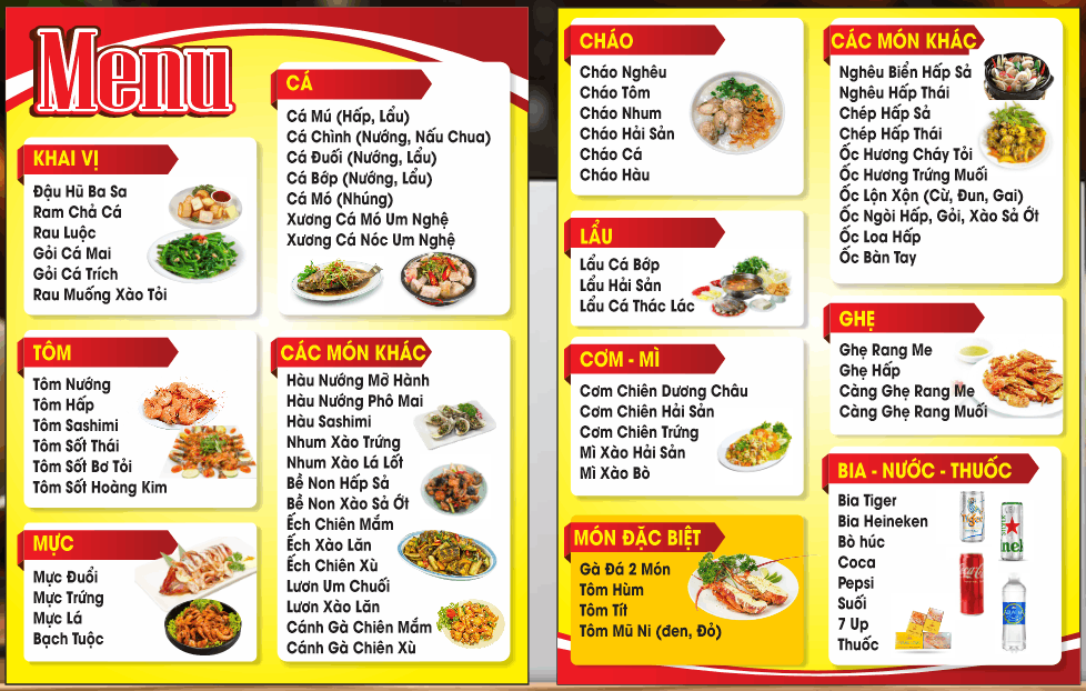 Mẫu menu nhà hàng hải sản tôm mực cá ghẹ