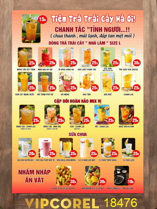 Mẫu menu tiệm trà trái cây Hà Ơi file cdr x7