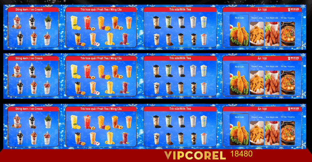 Banner menu kem trà sữa ăn vặt trang trí quầy thanh toán