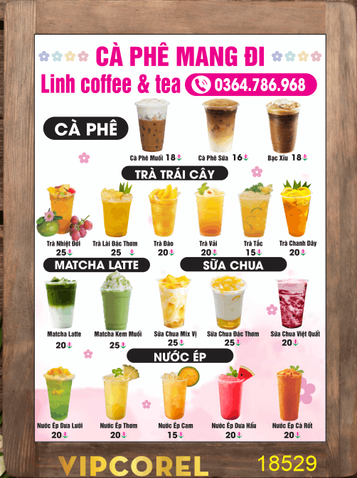 Menu cà phê mang đi Linh coffee & tea file cdr