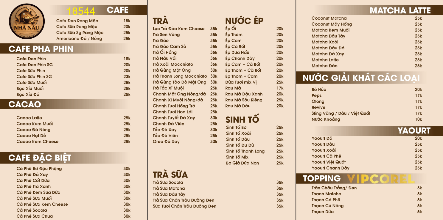 Mẫu menu nhà nâu cà phê cafe các loại trà