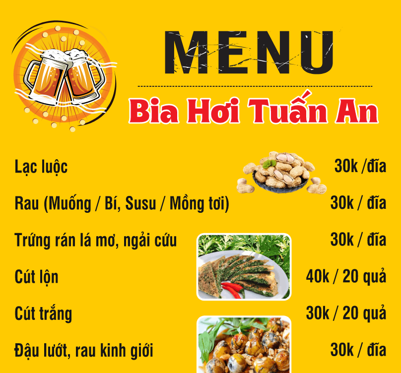 Mẫu menu thực đơn bia hơn quán Tuấn An file cdr