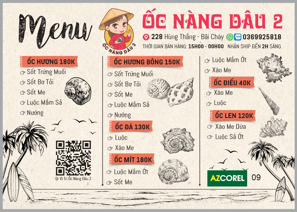 Mẫu thiết kế menu Ốc Nàng Dâu 2 file cdr