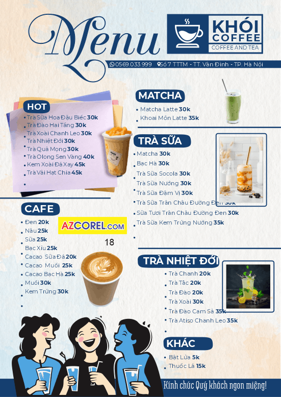 Menu quán Khói COFFEE and TEA file corel