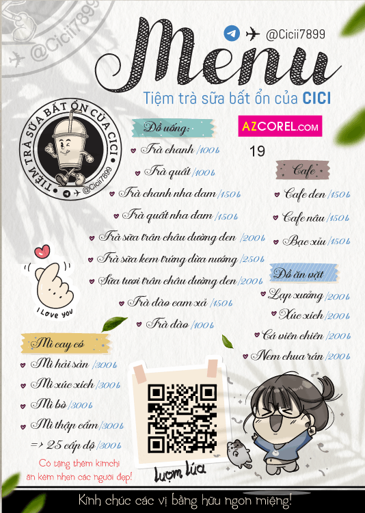 Menu tiệm trà sữa bất ổn CICI file corel