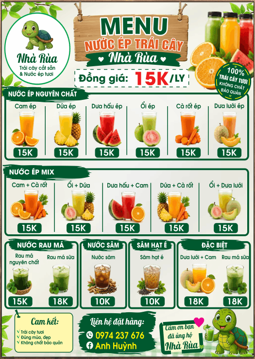 Menu Nước ép trái cây Nhà rùa file corel