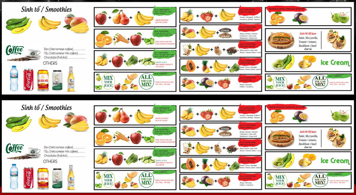 Bảng mix đồ uống sinh tố / smoothies file corel