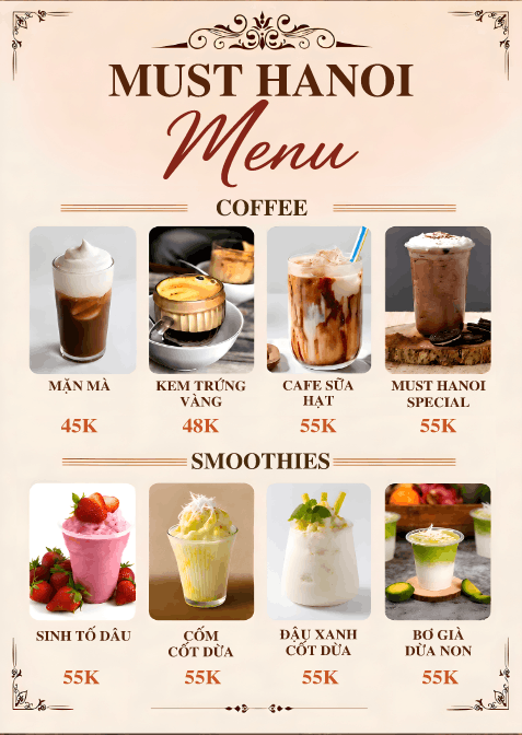 Menu đồ uống cho quán cà phê MUST HANOI